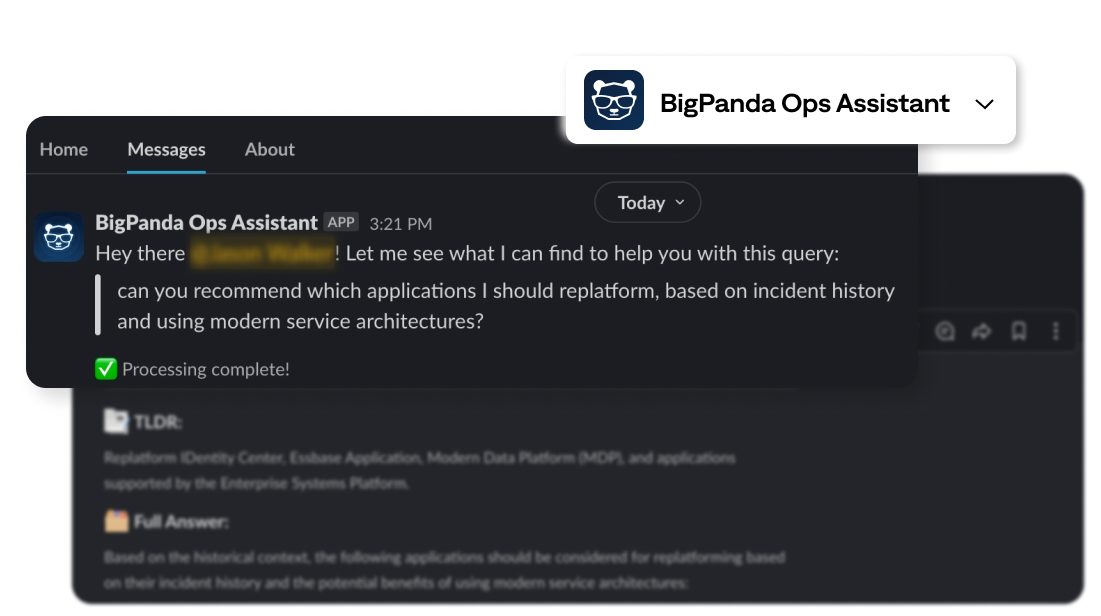 BigPanda Biggy can recommend which apps to re-platform based on incident history.