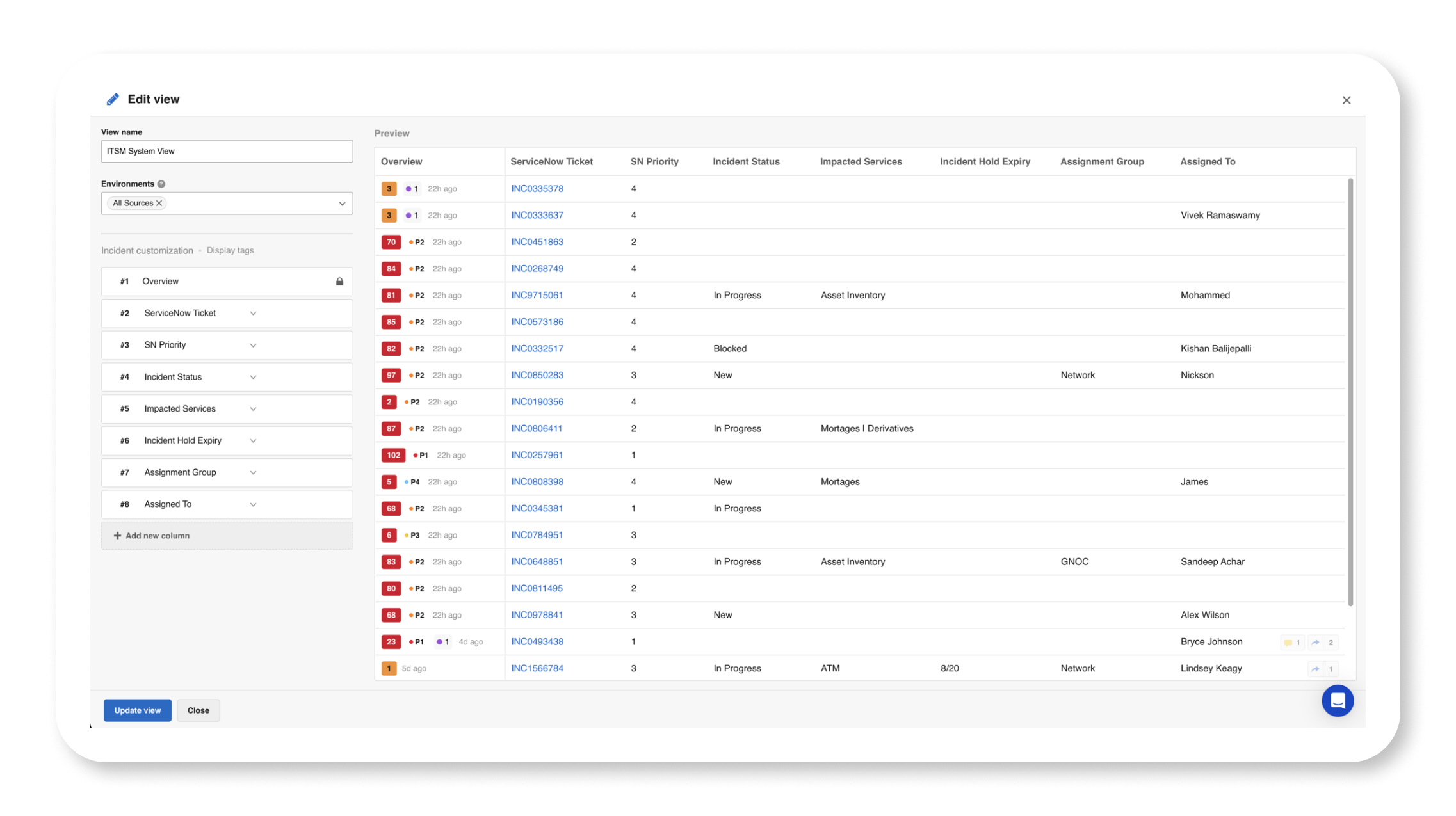 A customized Incident 360 Console table view showing important ITSM details