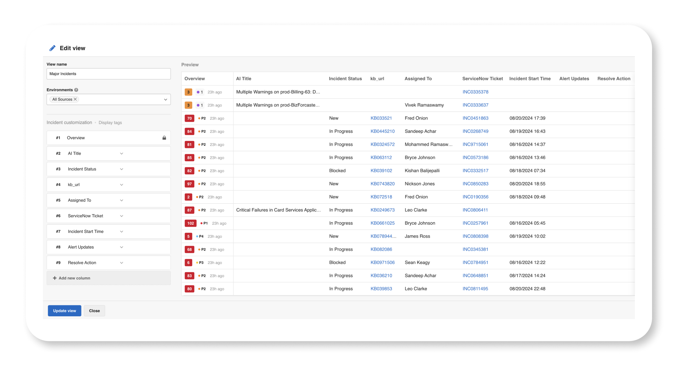 A customized Incident 360 Console table view designed for critical teams