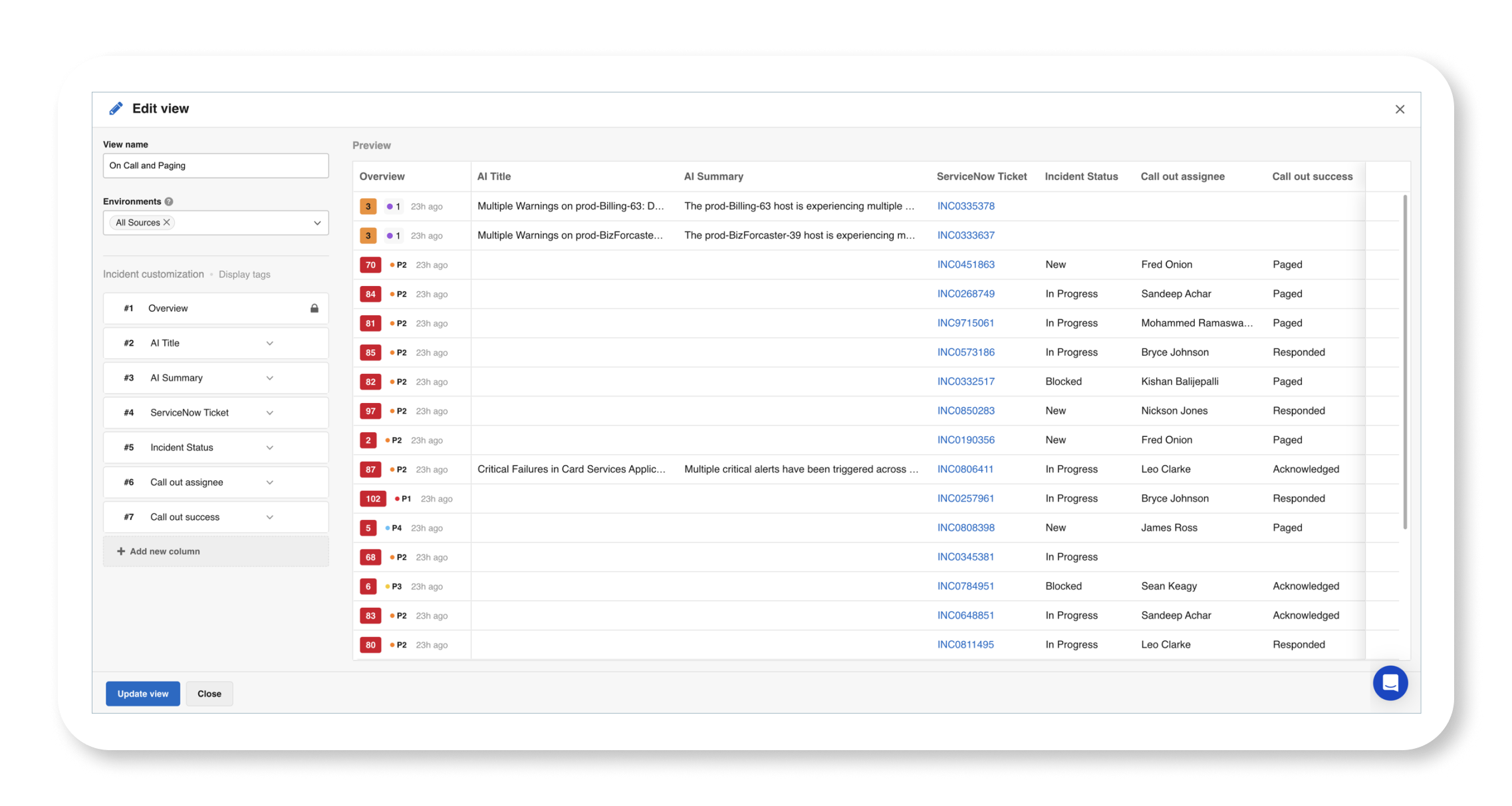 A customized Incident 360 Console table view designed to show on-call and paging information