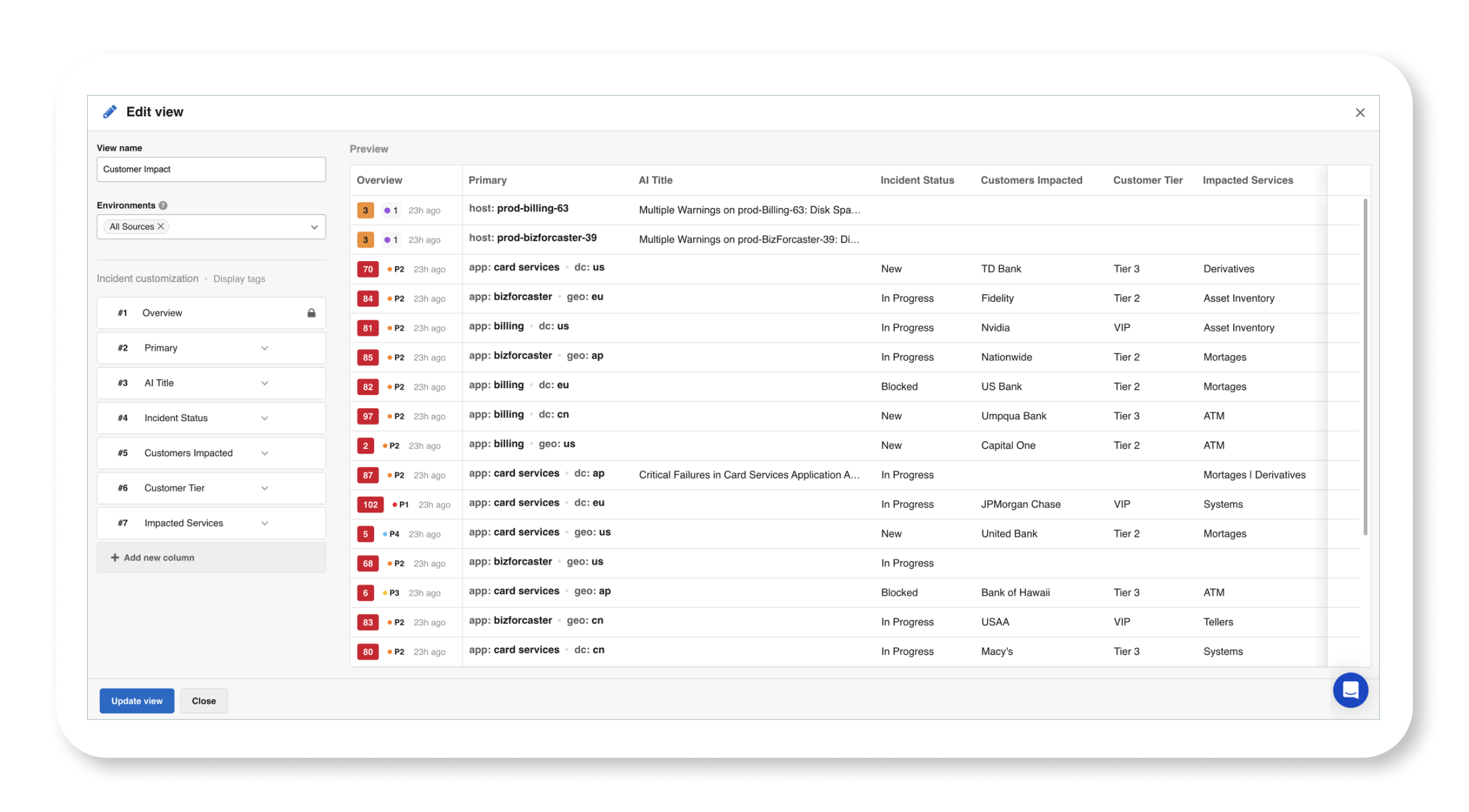 A customized Incident 360 Console table view designed for service providers