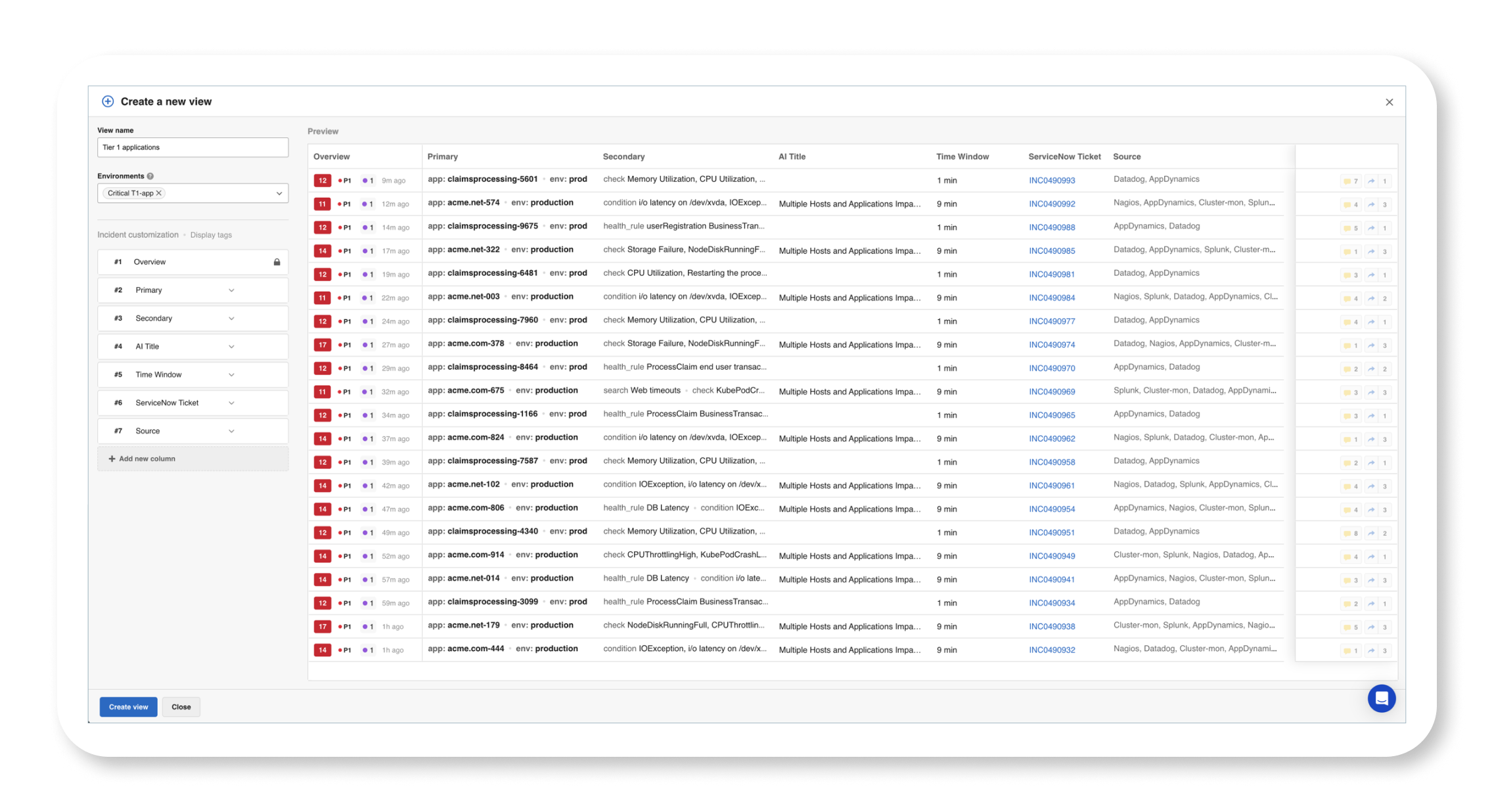 Customized Incident Feed view within the BigPanda platform.