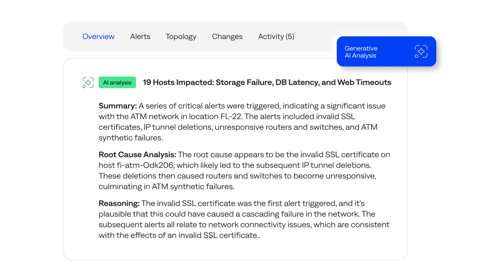 BigPanda Generative AI instantly provides a summary of the incident, detailing the root cause and reasoning.