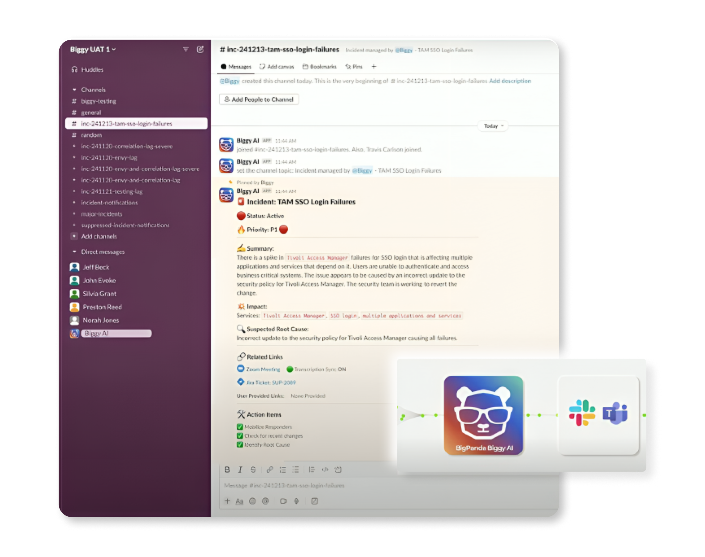 BigPanda Biggy AI integrates into Slack and Microsoft Teams to accelerate incident investigation.