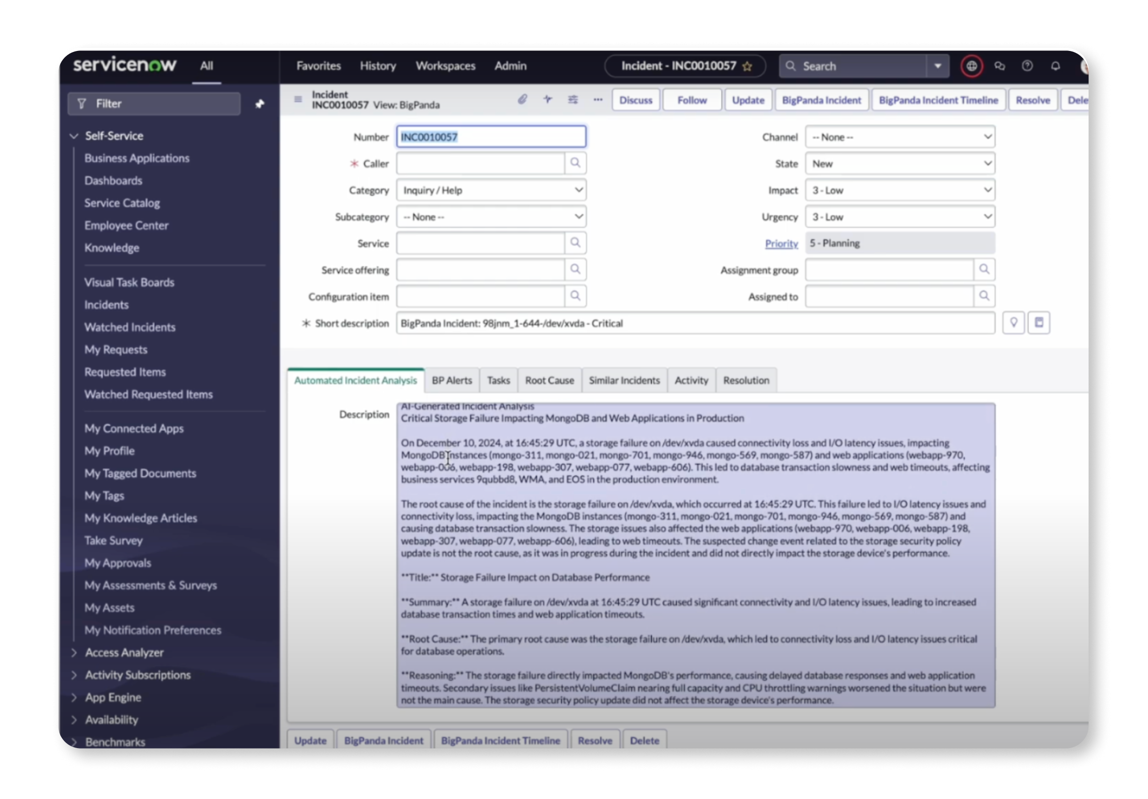 Integrate BigPanda Advanced Insight into ServiceNow to optimize incident management.